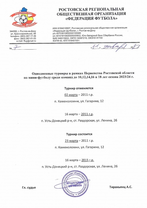 Изменения в календаре однодневных турниров Первенства Ростовской области по мини-футболу